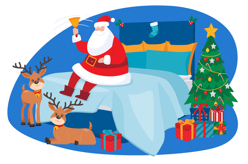 Weihnachtsmann sitzt auf Bett
